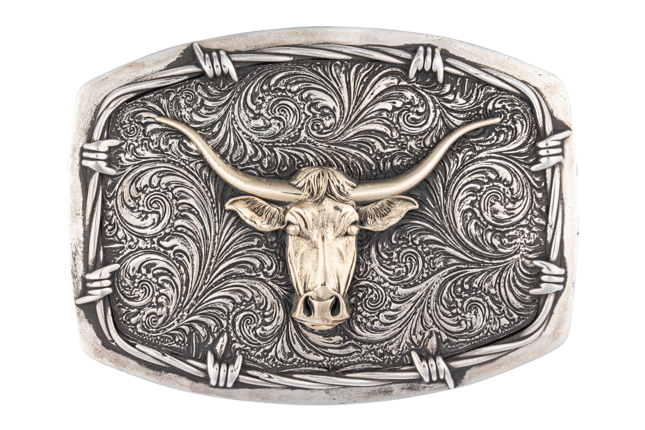 Gold Longhorn Barbed Wire Belt Buckle