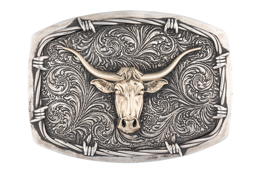 Gold Longhorn Barbed Wire Belt Buckle