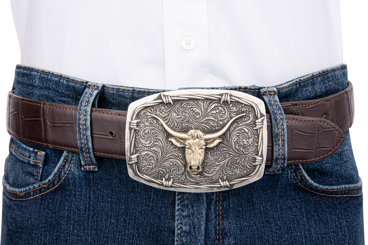 Gold Longhorn Barbed Wire Belt Buckle