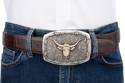 Gold Longhorn Barbed Wire Belt Buckle