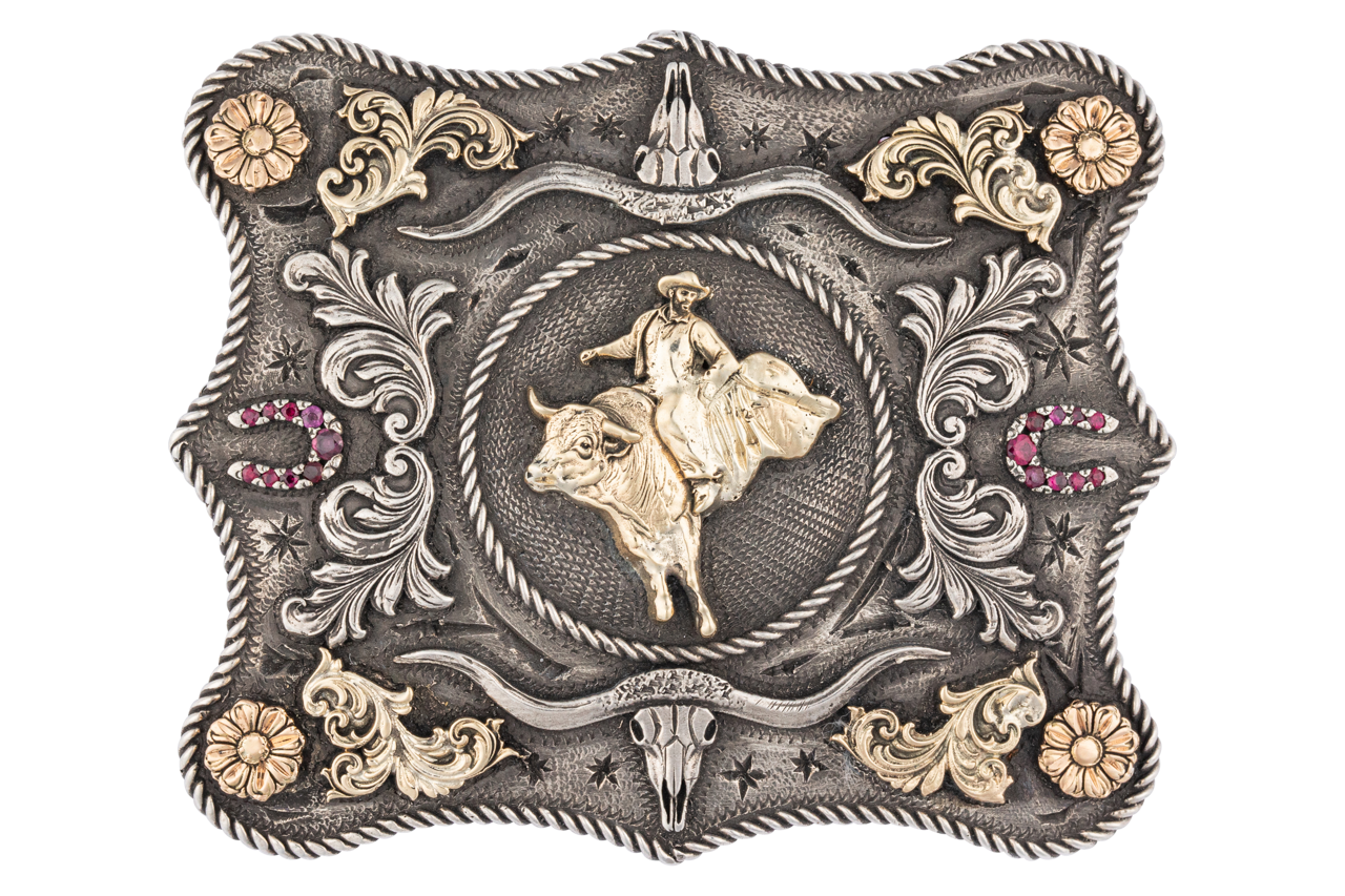Gold Bull Rider Ruby Horseshoe Belt Buckle