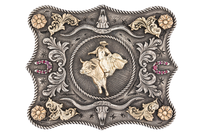 Gold Bull Rider Ruby Horseshoe Belt Buckle