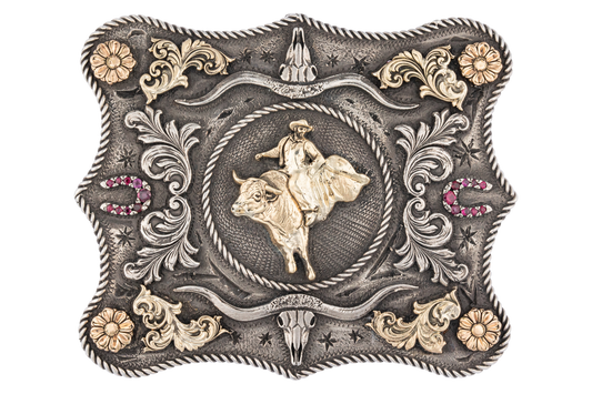 Gold Bull Rider Ruby Horseshoe Belt Buckle