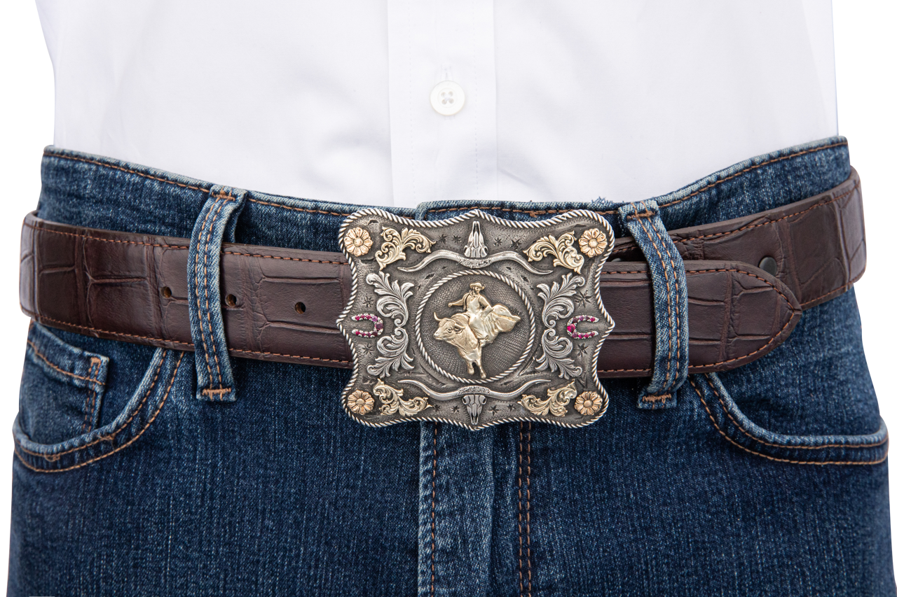 Gold Bull Rider Ruby Horseshoe Belt Buckle