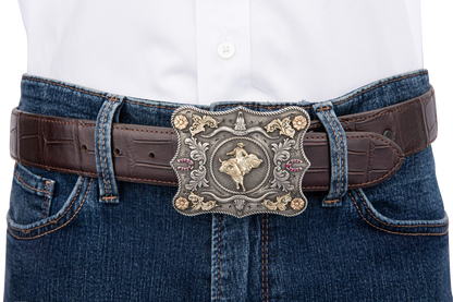 Gold Bull Rider Ruby Horseshoe Belt Buckle