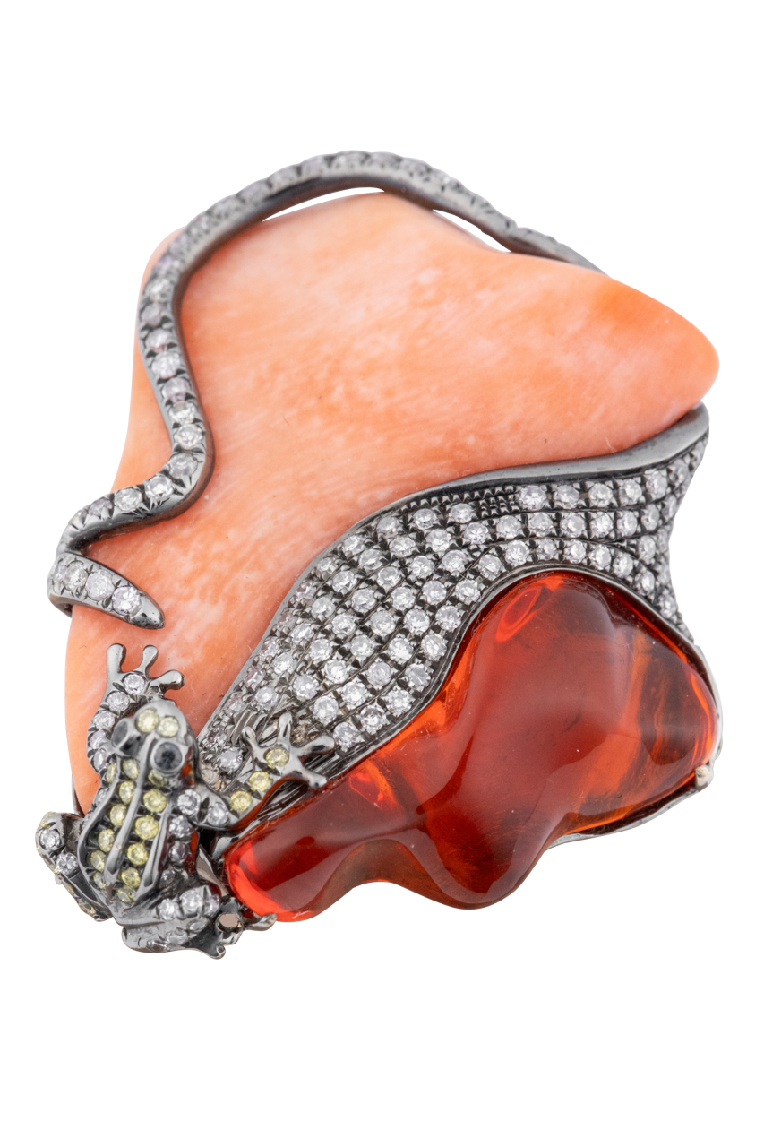 Coral & Diamond Frog Statement Ring
