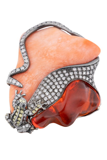 Coral & Diamond Frog Statement Ring