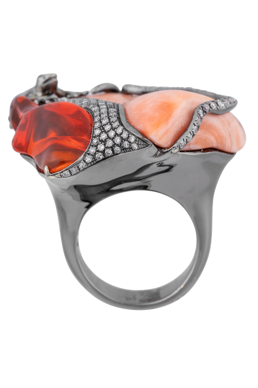 Coral & Diamond Frog Statement Ring