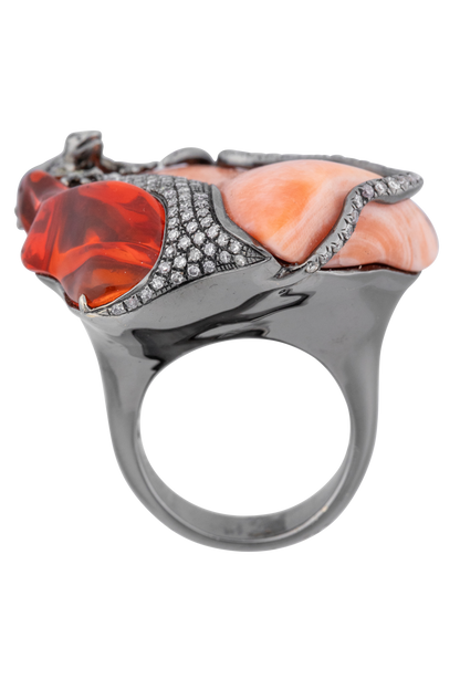 Coral & Diamond Frog Statement Ring