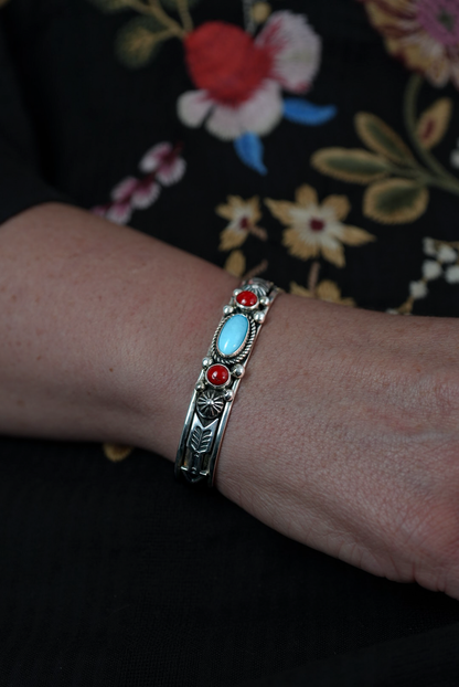 Turquoise and Coral Cuff Bracelet