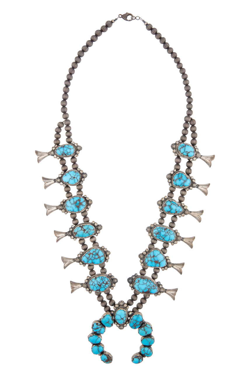 Vintage Navajo Sterling Silver Squash Blossom Necklace – Prince Turquoise