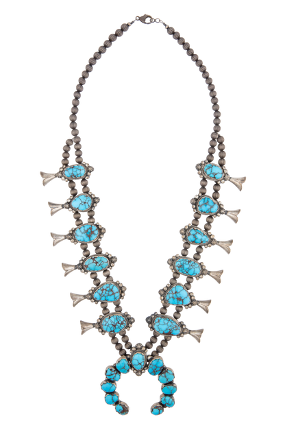 Vintage Navajo Sterling Silver Squash Blossom Necklace – Prince Turquoise