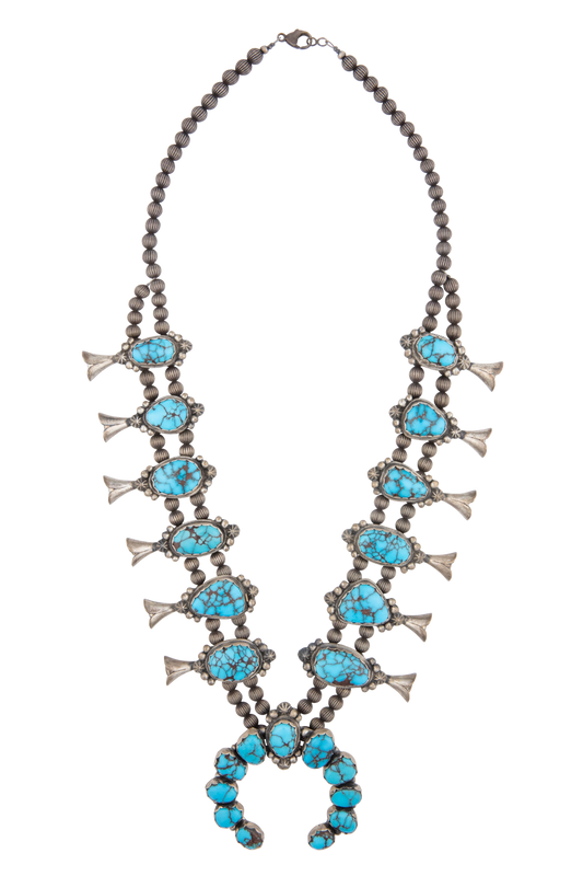 Vintage Navajo Sterling Silver Squash Blossom Necklace – Prince Turquoise