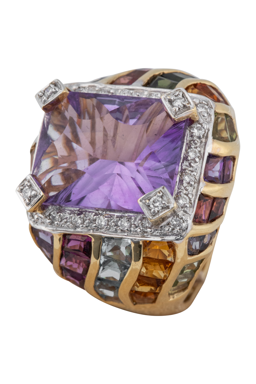 Amethyst & Diamond Halo Multi-Gemstone Ring