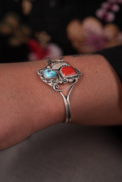 Large Coral and Turquoise Stone Bracelet