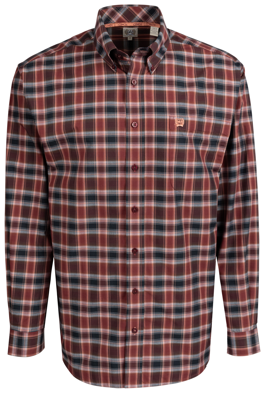 Cinch Plaid Button-Front Shirt - Burgundy