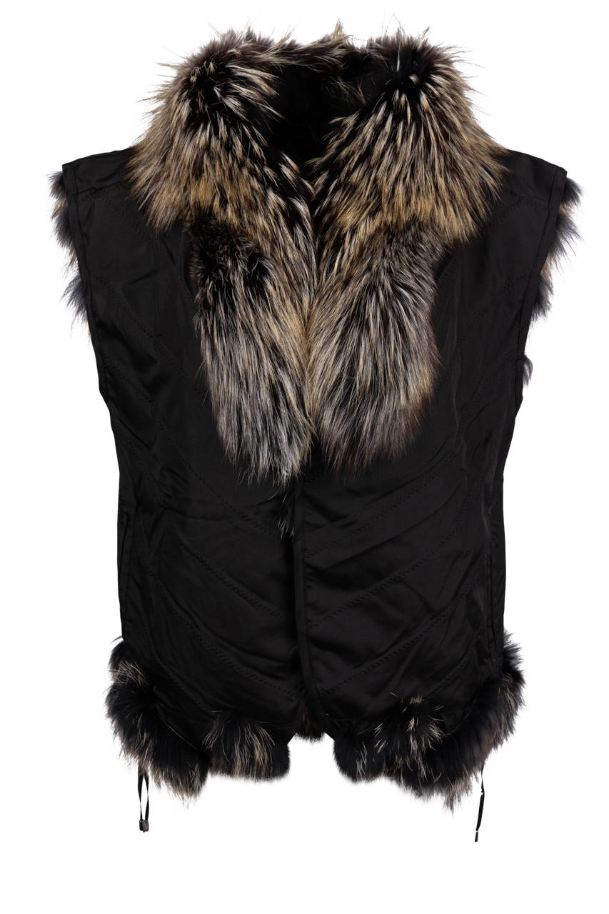 Diomi Reversible Fox Fur and Silk Vest - Black/Gold Bleach