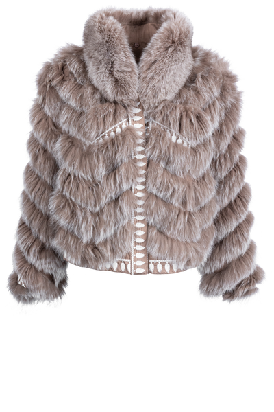 Diomi Caffe Latte Reversible Fox Fur and Silk Bomber Jacket