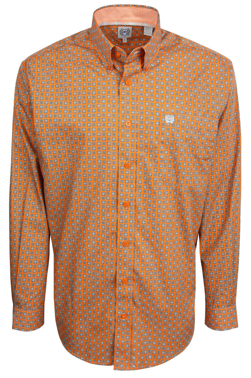 Cinch Button-Front Shirt - Orange Medallion