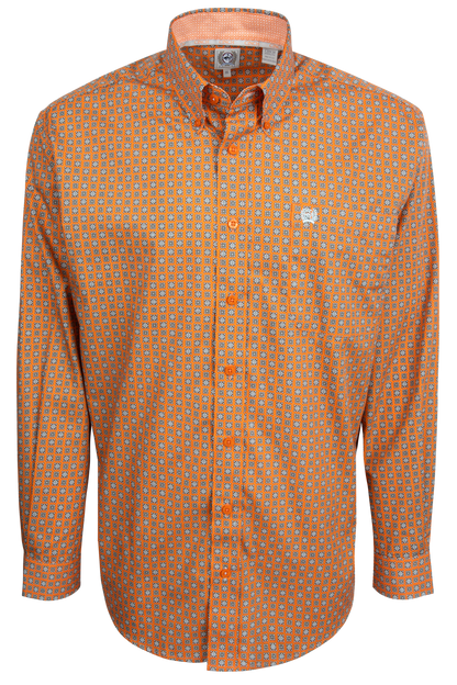 Cinch Button-Front Shirt - Orange Medallion