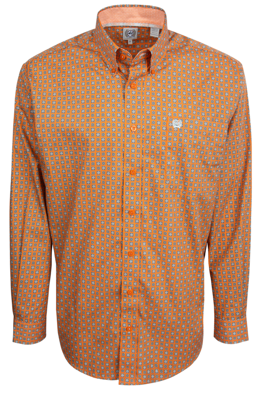 Cinch Button-Front Shirt - Orange Medallion