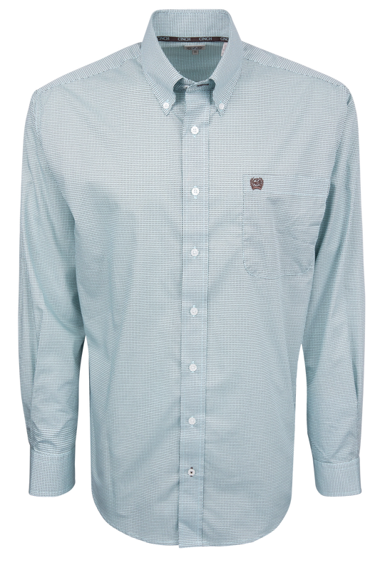 Cinch Button-Front Shirt - Blue Geometric