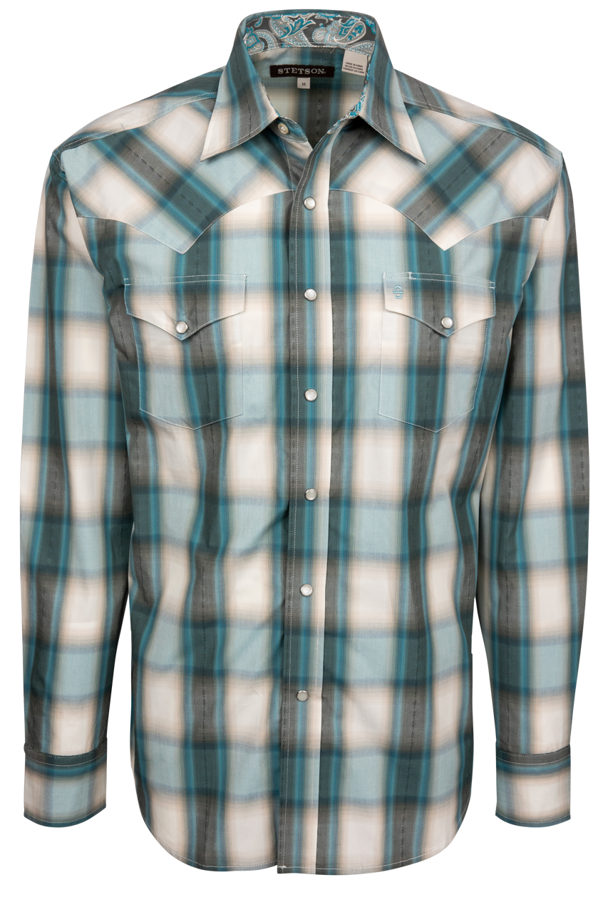 Stetson Men's Plaid Snap Front Shirt - Bluebird