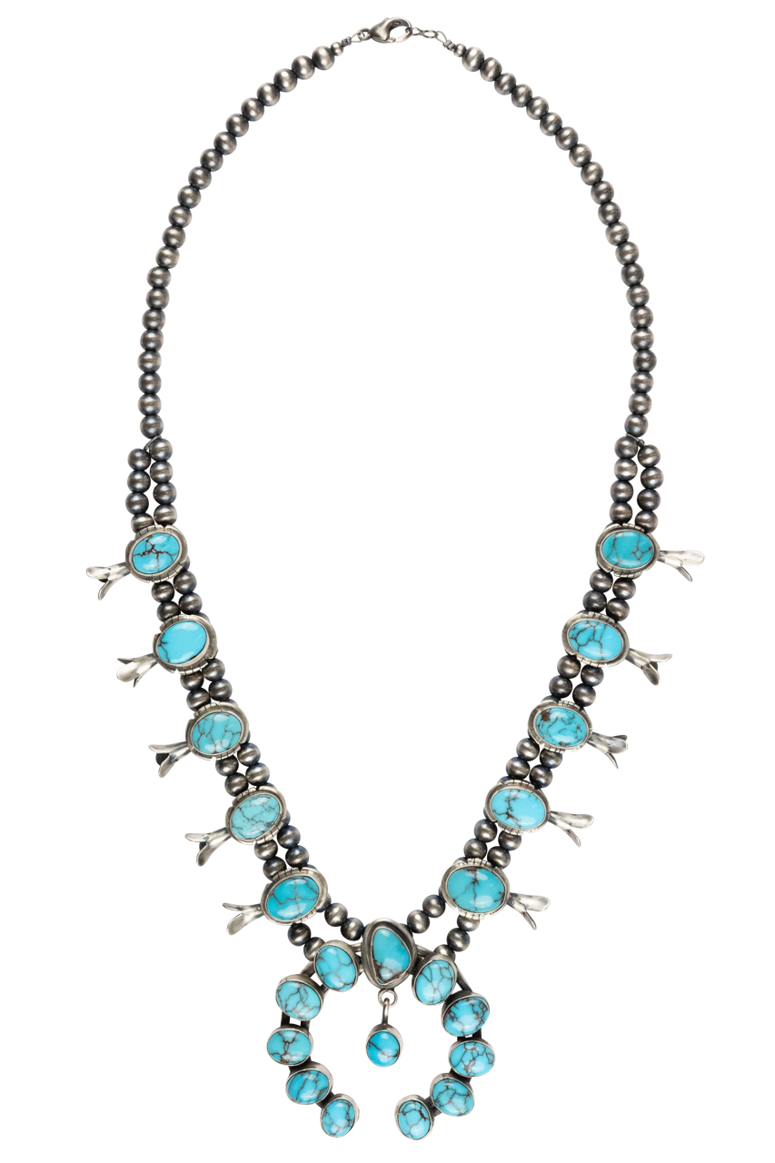 Turquoise & Navajo Pearl Squash Blossom Necklace