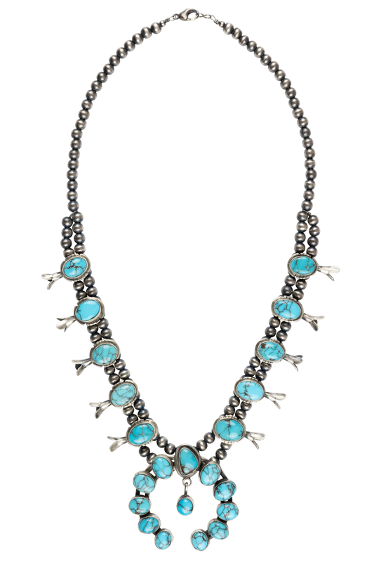 Turquoise & Navajo Pearl Squash Blossom Necklace