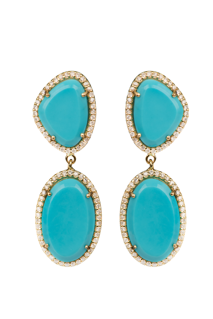 Christina Greene 14K Gold Turquoise Earrings with White Diamonds 