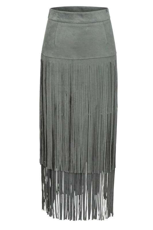 Adore Gray Faux Suede Long Fringe Skirt