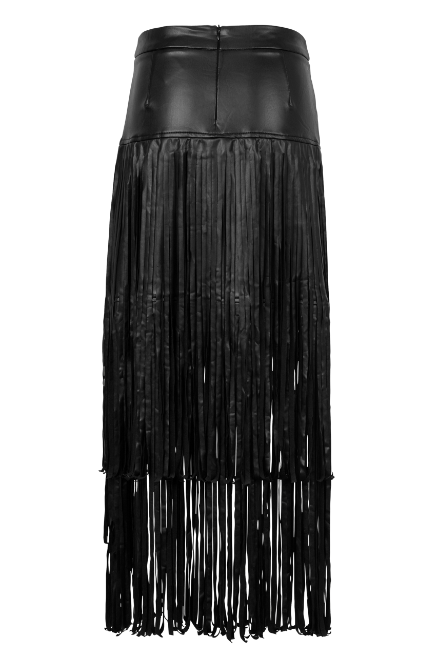Adore Vegan Leather Long Fringe Skirt
