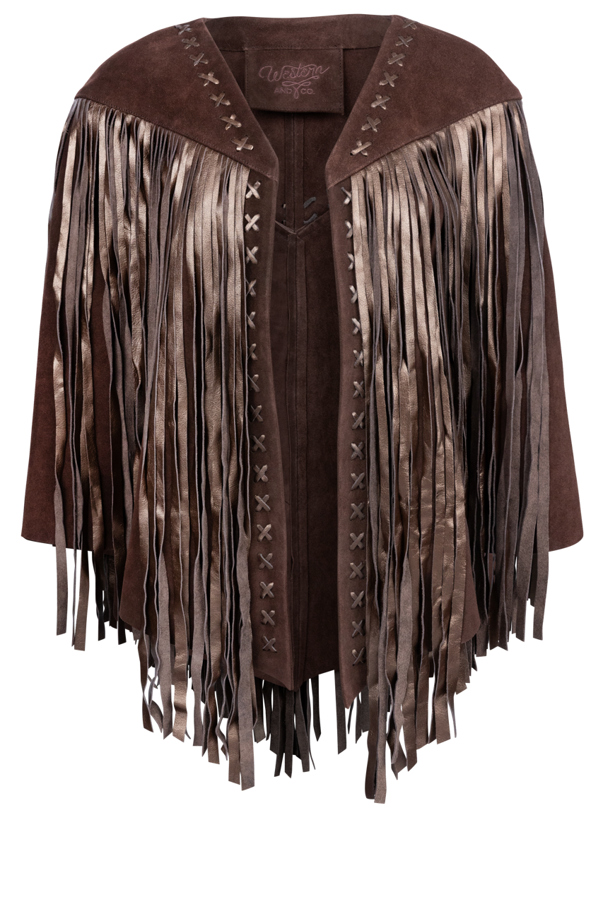 Western and Co. Full Fringe Metallic Suede Cape