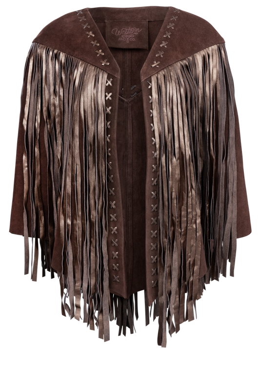 Western and Co. Full Fringe Metallic Suede Cape