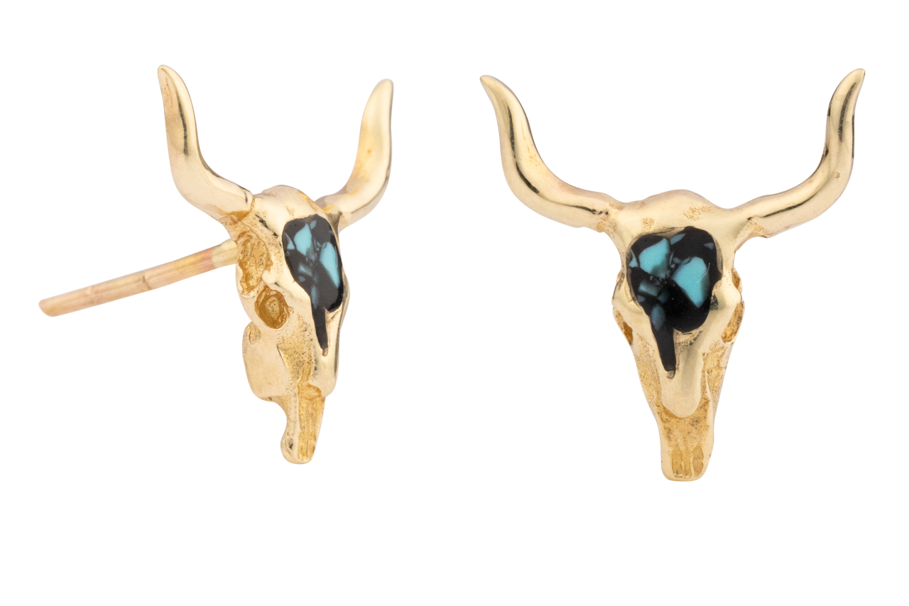 Gold and Dark Turquoise Longhorn Earrings