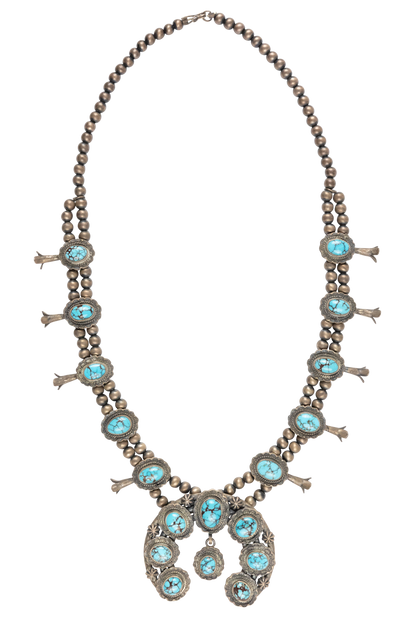 Kingman Turquoise Squash Blossom Necklace