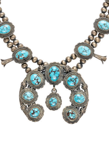 Kingman Turquoise Squash Blossom Necklace