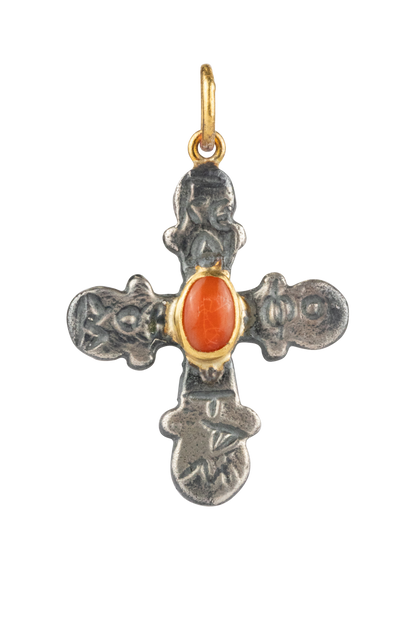 Coral & Silver Cross Pendant