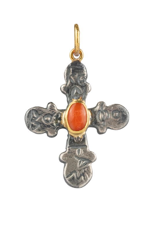 Coral & Silver Cross Pendant