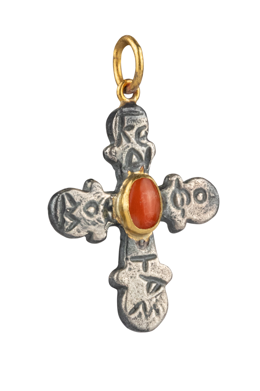 Coral & Silver Cross Pendant