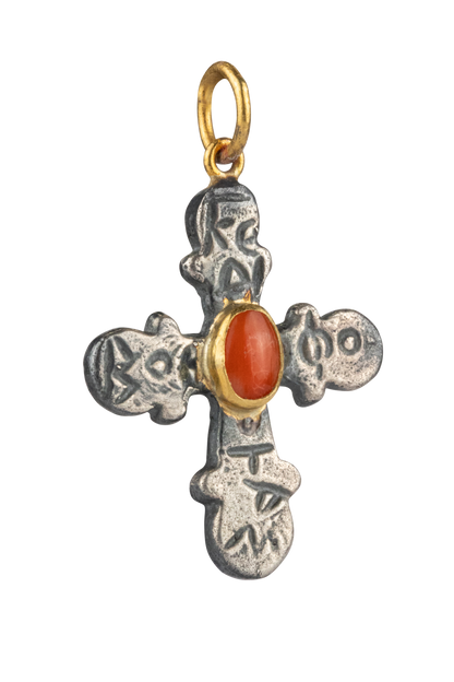 Coral & Silver Cross Pendant