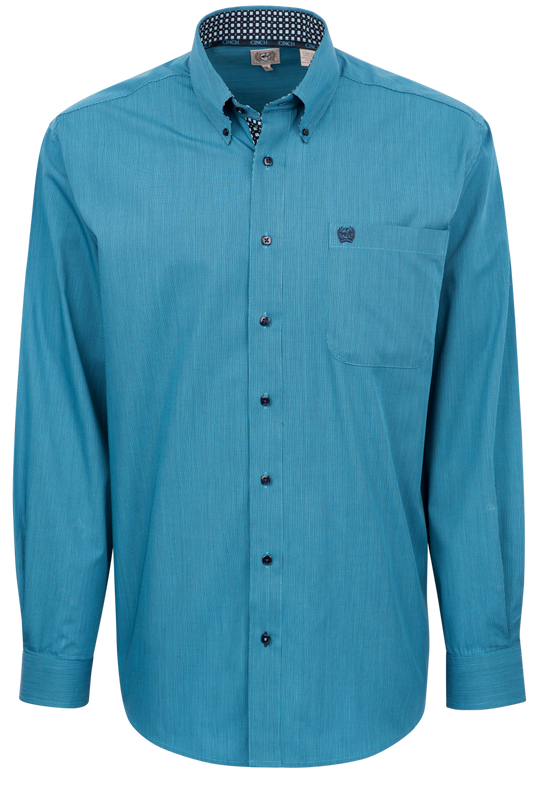 Cinch Micro Striped Button-Front Shirt - Turquoise