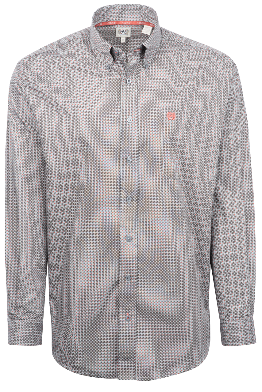 Cinch Grid Print Button-Front Shirt - Gray