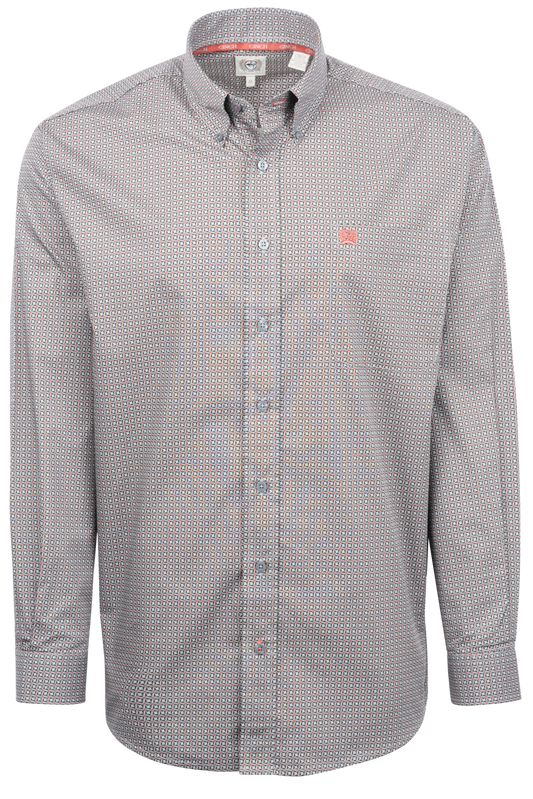 Cinch Grid Print Button-Front Shirt - Gray