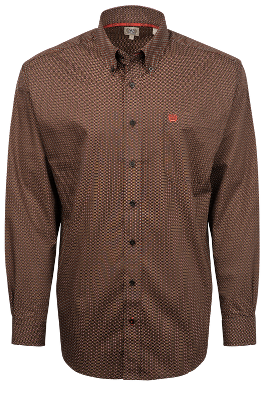 Cinch Honeycomb Print Button-Front Shirt - Brown