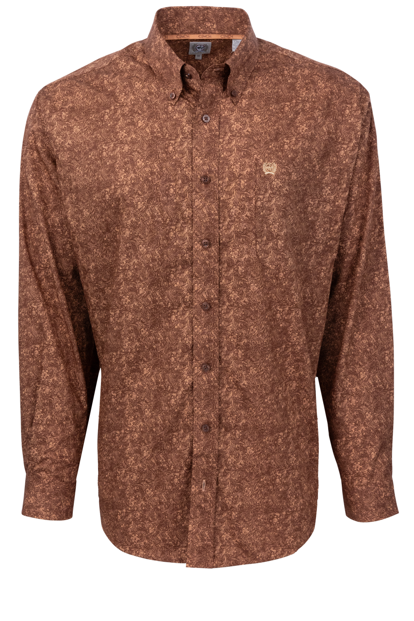 Cinch Button-Front Shirt - Light Brown Paisley