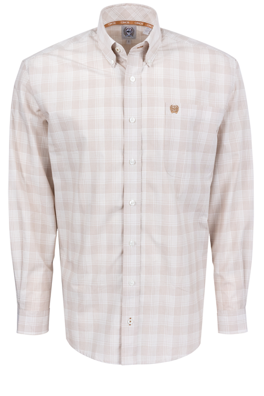 Cinch Button-Front Shirt - Khaki Plaid
