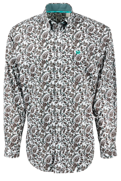 Cinch Paisley Button-Front Shirt - White and Green