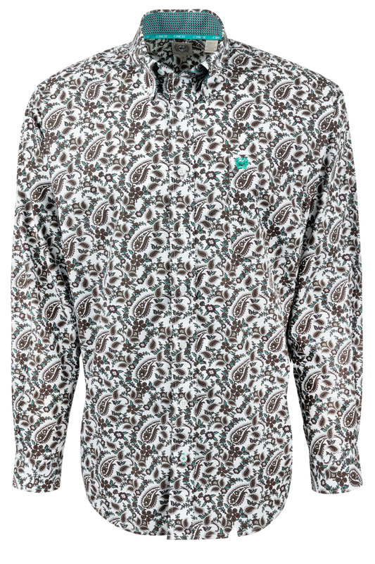 Cinch Paisley Button-Front Shirt - White and Green