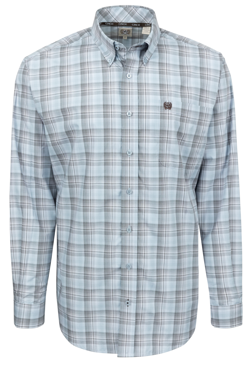 Cinch Plaid Button-Front Shirt - Light Blue